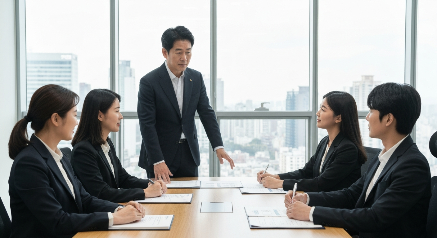 경영책임자가 안전보건관리 회의를 주재하는 모습 - 4가지 안전보건 확보 의무