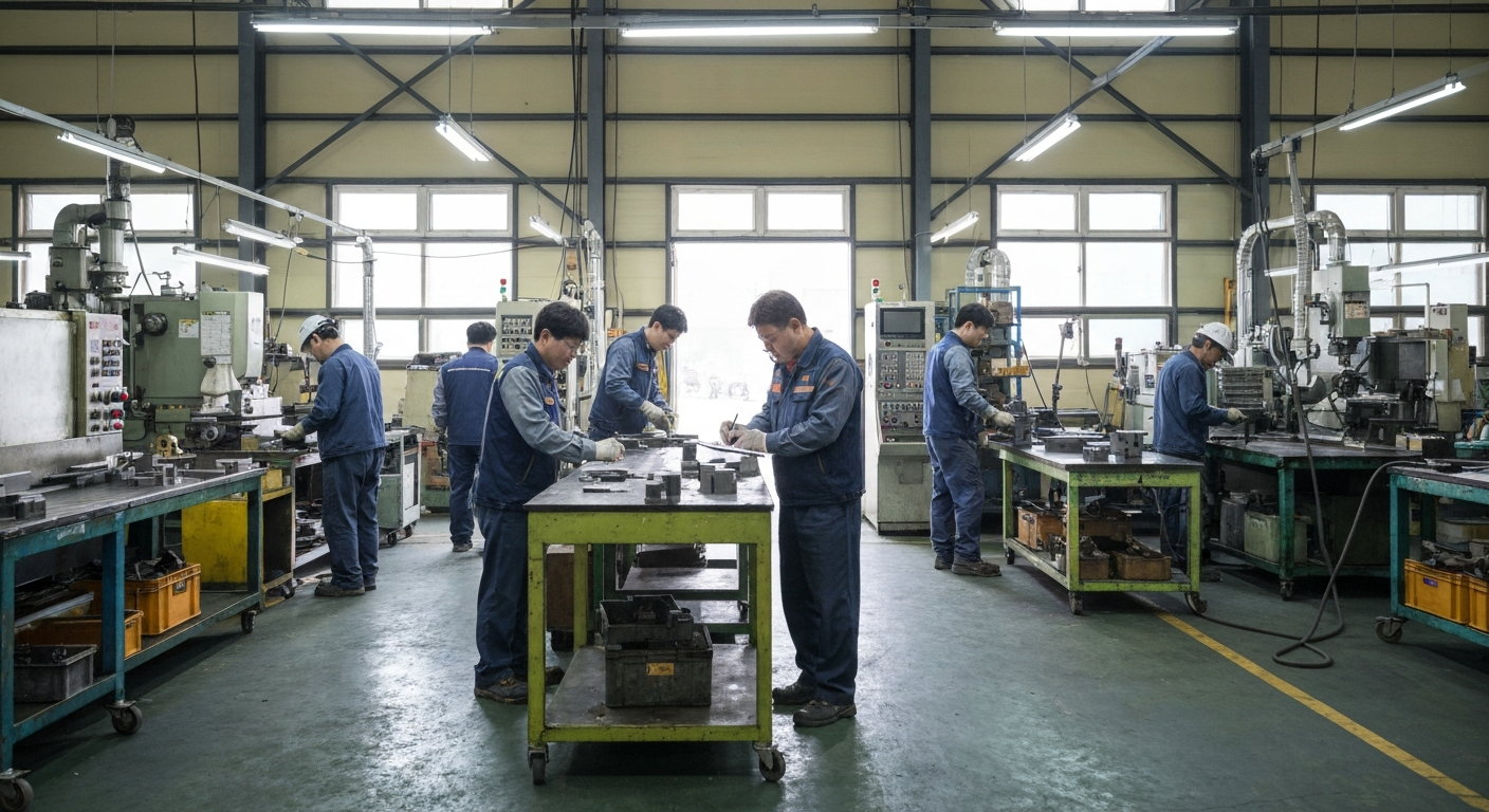 소규모 제조현장에서 안전관리자가 근로자들을 점검하는 모습 - 5인 이상 사업장 적용 확대