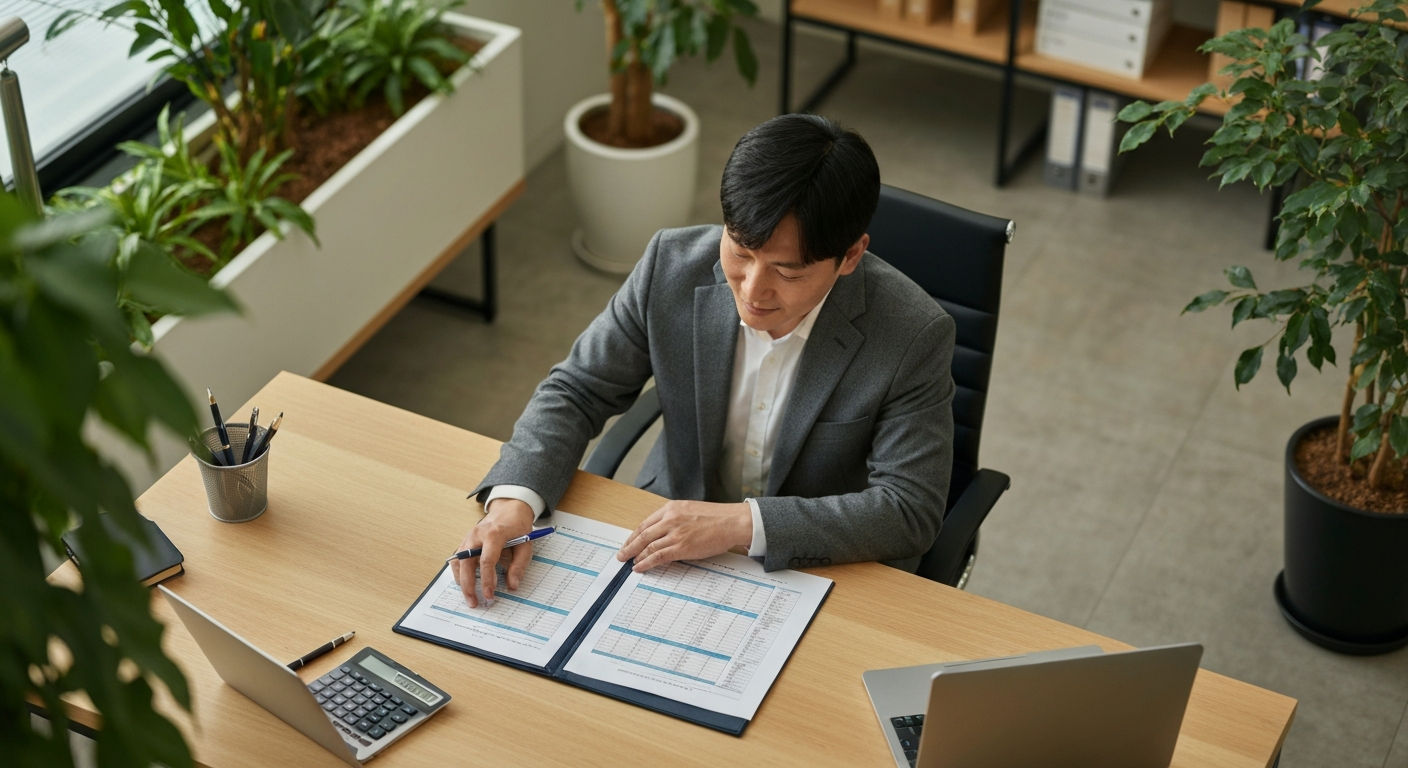HR 담당자가 직원 명부와 스프레드시트를 검토하며 상시근로자 수를 산정하는 모습