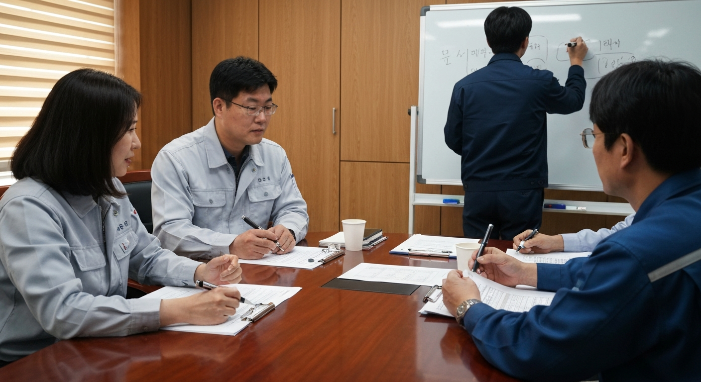 안전보건 전담팀이 회의실에서 업무 분장을 논의하는 모습