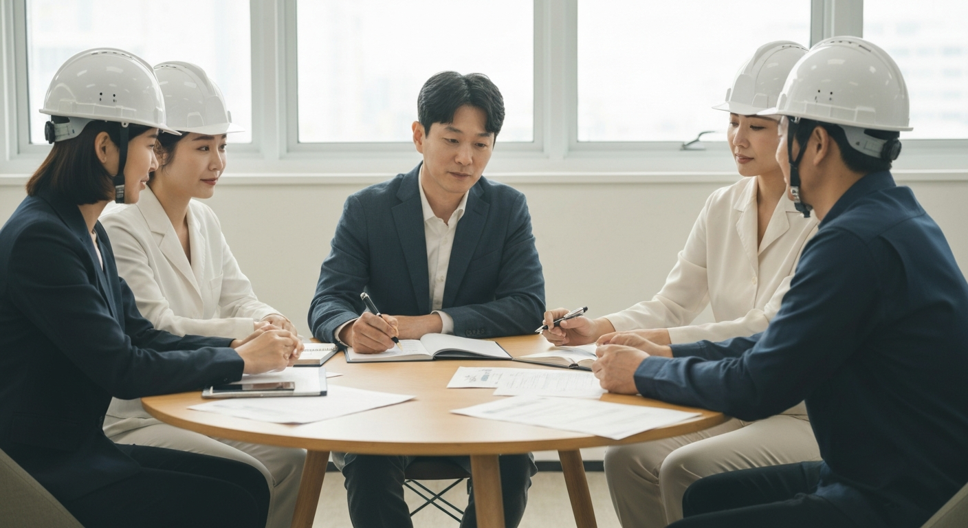 안전보건 전담조직이 회의실에서 업무를 논의하는 모습