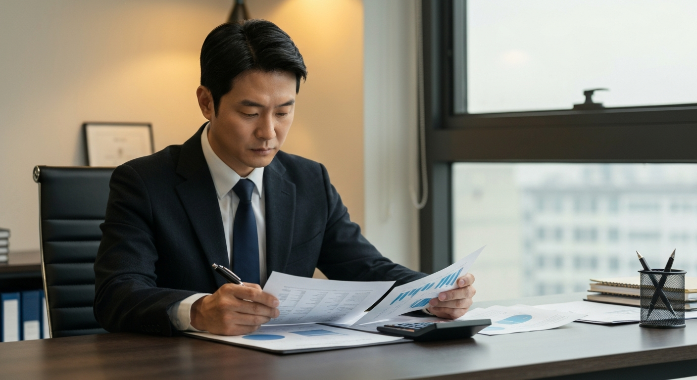 경영책임자가 안전보건 예산 관련 서류를 검토하는 모습