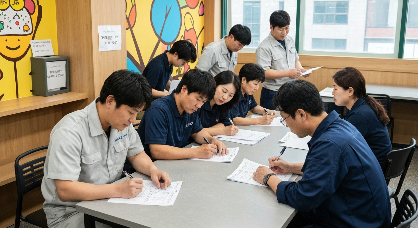 공장 근로자들이 테이블에 모여 안전 관련 서류를 작성하며 의견을 제시하는 모습