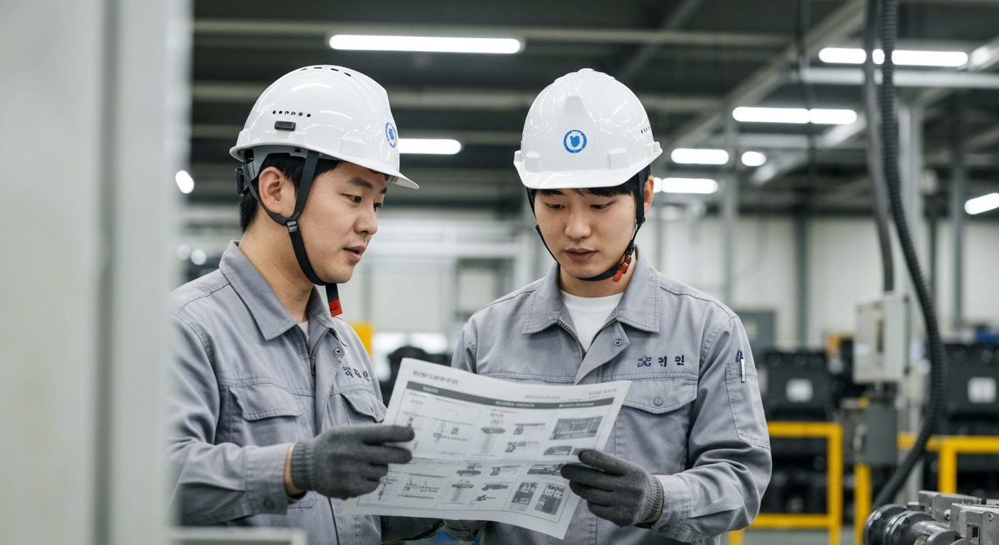 표준안전작업서를 함께 검토하는 제조업 작업자들 — 비정형 작업 안전관리 절차 문서화